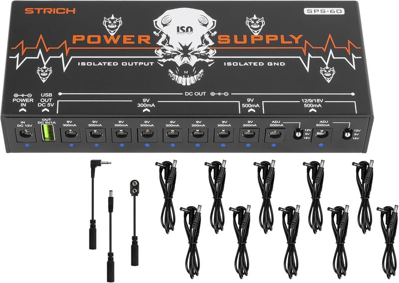 STRICH SPS-60 Guitar Pedal Power Supply, 10 Totally Independent DC Outputs Pedal Board Power Supply for 9V/12V/18V (300mA/500mA) High Power for Power High-current Effect Pedal - Image 1
